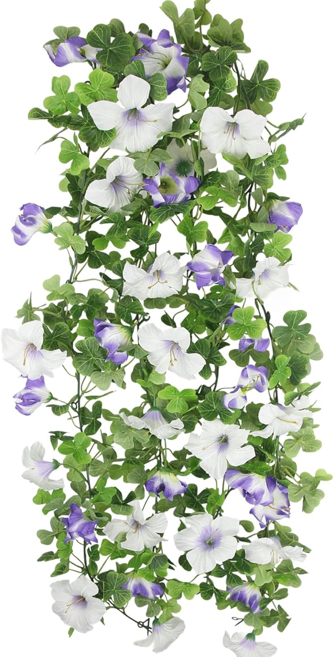 2 Pcs Artificial Flowers Vines Garland Purple Petunias Silk Spring Flowers Garland for Mantle 11 FT Fake Morning Glory Hanging Vines Plants for Outdoors Wall Fence Indoor Wedding Banquet Decor