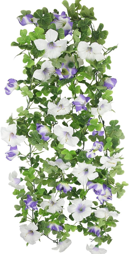 2 Pcs Artificial Flowers Vines Garland Purple Petunias Silk Spring Flowers Garland for Mantle 11 FT Fake Morning Glory Hanging Vines Plants for Outdoors Wall Fence Indoor Wedding Banquet Decor