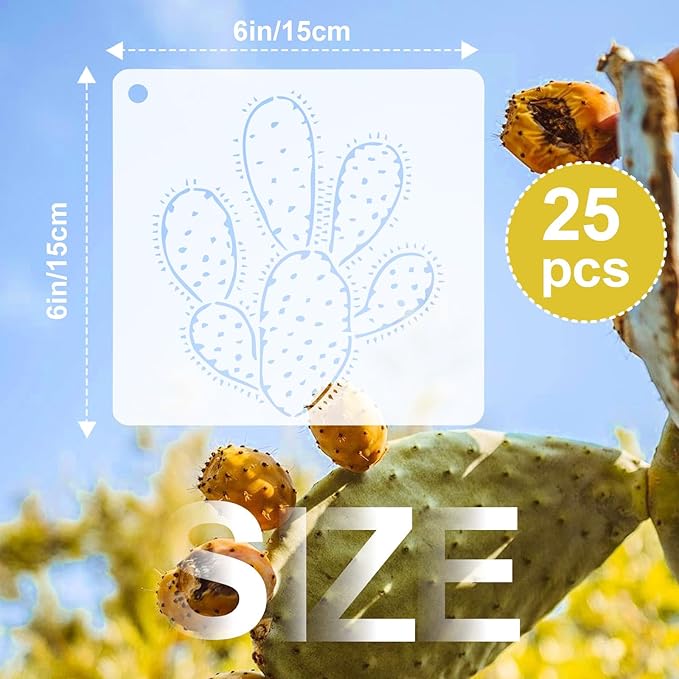 25 PCS Cactus Stencils for Painting, Stencils for Crafts Reusable 6 x 6 Inch Succulent Templates for Wood Signs Journals Planters Canvas and Desert Decor