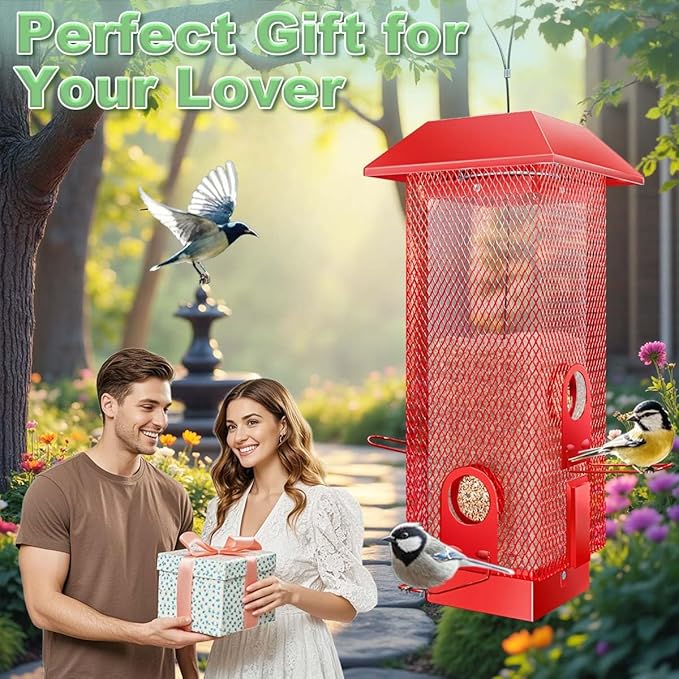 Squirrel Proof Bird Feeder, 2.5LB Heavy-Duty Metal Wild Bird Feeder with Weight-Activated Spring, Weatherproof Outdoor Hanging Birdfeeders for Cardinals, Blue Jays, Finches