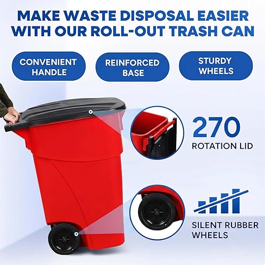 50 Gallon Trash Can, Red Outdoor Garbage Can, Wheeled Outside Trash Bin, Outdoor with Lid and Wheels, Large Rolling Trash Can, Garbage Can with Wheels for Home, Office, Garage
