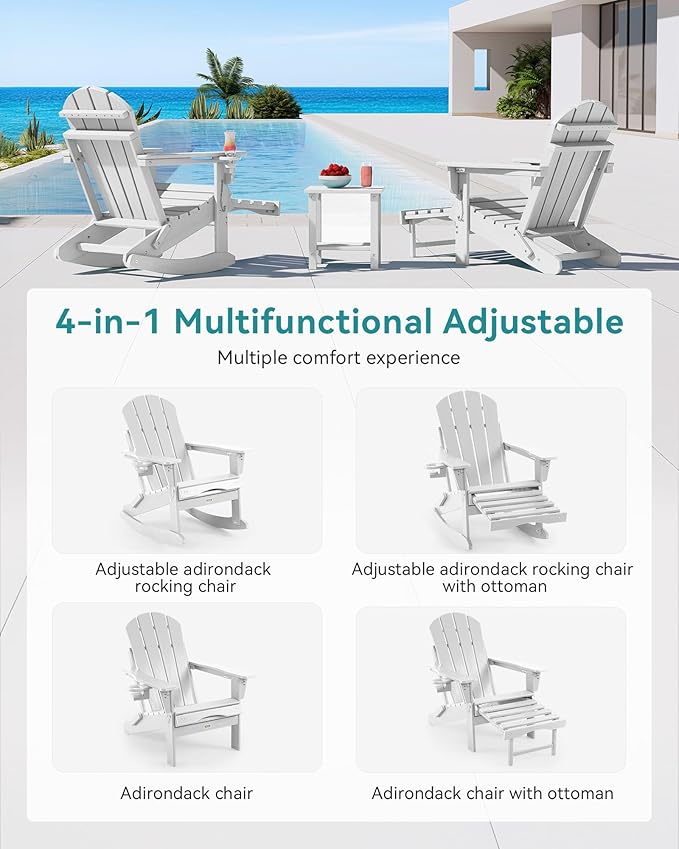 Adjustable Adirondack Rocking Chair with Retractable Ottoman, 4-in-1 Multifunctional Folding Patio Chair with Cup Holder, Outdoor Chair Wood Texture for Lawn,Porch, Backyard,Pool(White)