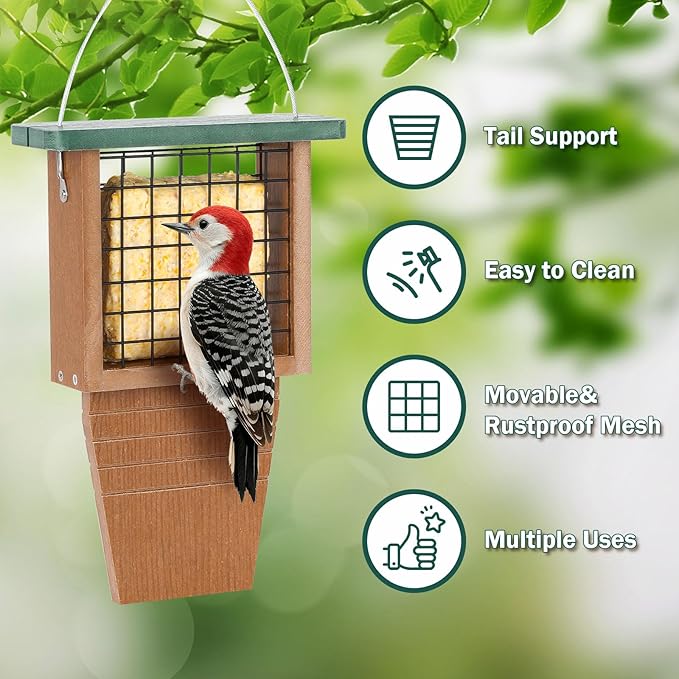Gtongoko Recycled Plastic Suet Bird Feeder for Outside Hanging, Woodpecker Suet Feeder with Tail Prop, Hanging Suet Holder Birdfeeders, 1 Pack, Green