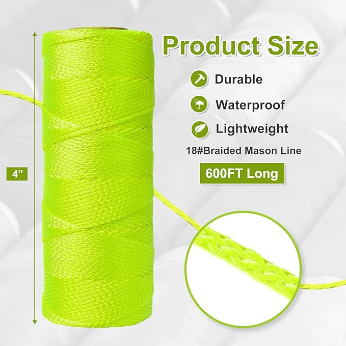 Mason Line String Line,600 Ft Length Nylon Twine,18 Braided Nylon String for Gardening Or Masonry Tools,Twine String for Gardening,Yellow