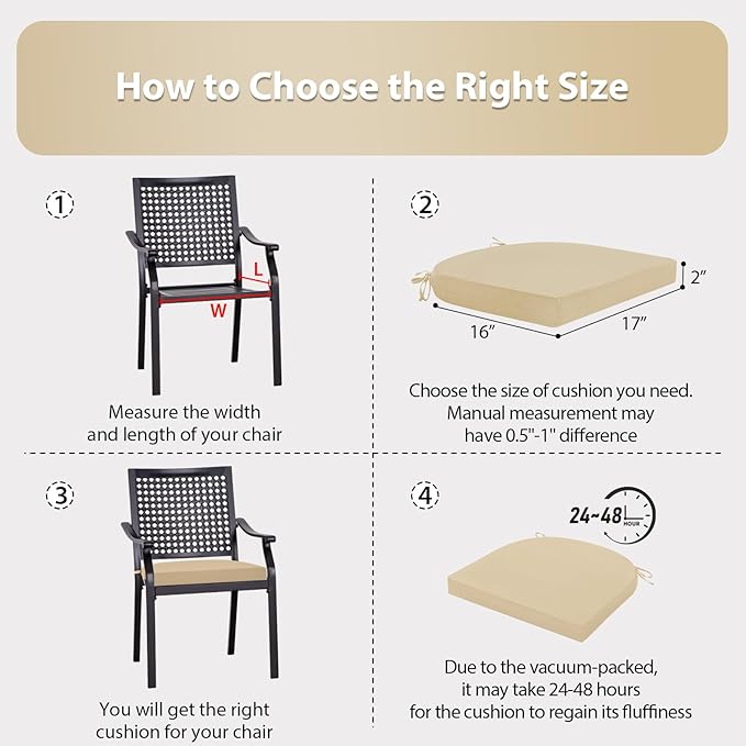 Outdoor Chair Cushions Set of 4, 17x16x2 Inch Patio Furniture Cushions, Water Resistant, Non-Slip Ties (Beige)