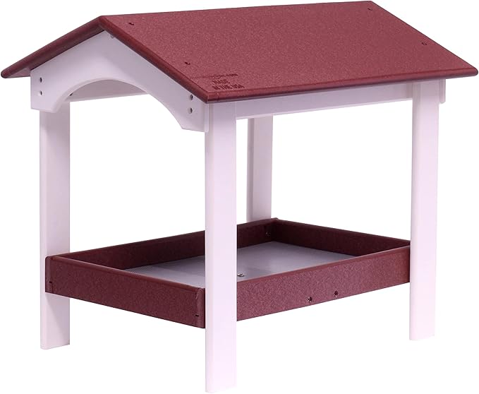 AmishToyBox.com Ground Bird Feeder, Deluxe Fly-Through Covered Feeder for Birds and Squirrels with Screen Mesh Tray (Cherry Wood/White)