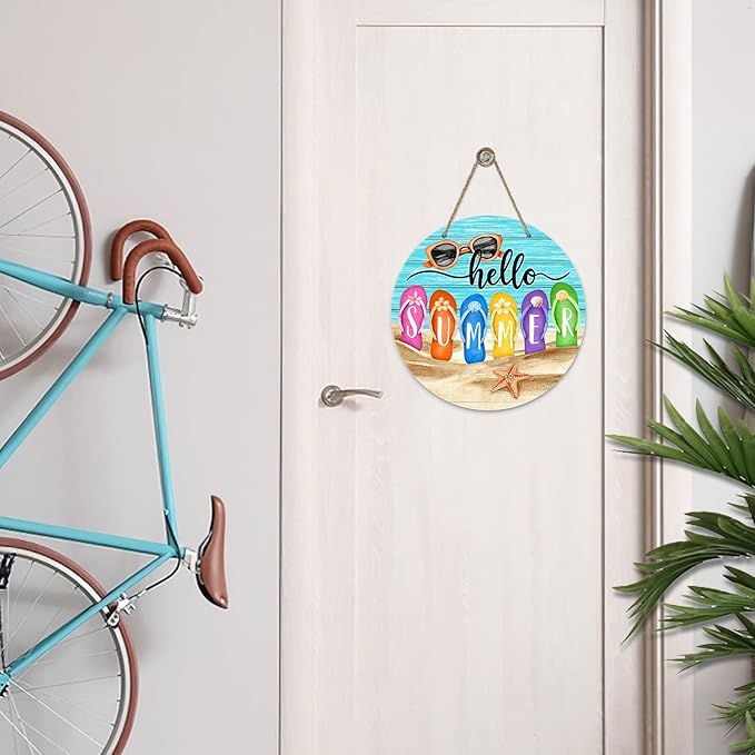 Deroro Hello Summer Beach Flip Flops Sign for Front Door Decor, Sunglasses Starfish Coastal Wood Hanger for Outdoor Outside Porch, Seasonal Farmhouse Wooden Wreath Indoor Wall Hanging Decorations
