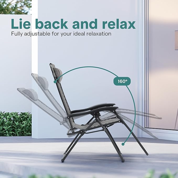 SereneLife Zero Gravity Chairs Set of 2 - Adjustable Steel Mesh Lawn Chairs - Outdoor Lounge Chairs with Detachable Cup Holder Tray - Foldable Outdoor Chair with Removable Pillows - Grey