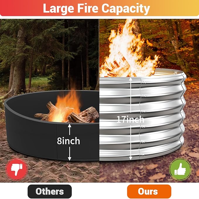 39 Inch Fire Pit Ring for Outside, 17'' Tall Heavy Duty Firepit,Wood Burning, DIY In Ground or Above-Ground, Outdoor Heavy Duty Galvanized Steel Fire Pits for Backyard Bonfire, Patio & Camping