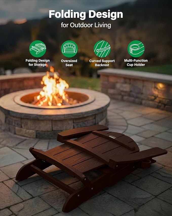 YEFU Adirondack Chair, Oversized Plastic Adirondack Chair Folding Outdoor Chairs with cup holder, Lawn Chair with Weather Resistant for Outside Deck Lawn Garden, Weight Capacity Up to 400 Lbs–Mahogany