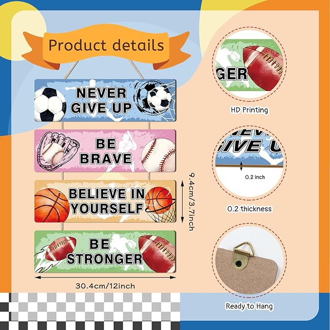 HLNIUC Sports Never Give Up Wooden Signs Set of 4(4”x12”)Boy Inspirational Quotes Wall Decors Football Basketball Baseball Hanging Plaque Motivational Sports Themed Wall Art Soccer Room Decor for Boys