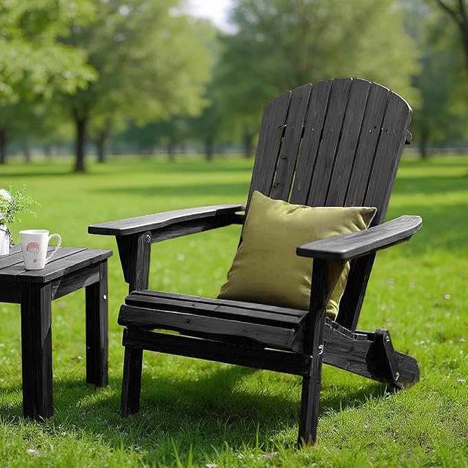 VINGLI Folding Adirondack Chairs Set of 2, Wood Adirondack Chair for Outdoor, Foldable Fire Pit Chairs for Patio, BBQ, Porch, Yard, Pool, Black