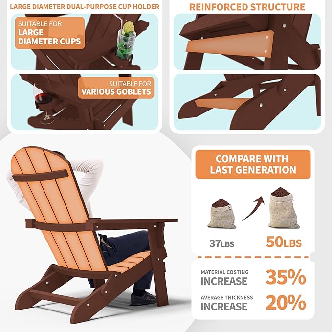 YEFU Adirondack Chair, Foldable Oversized Plastic Adirondack Chair Set of 4 with Cup Holder, Patio Chair with Weather Resistant for Outside Deck Lawn, Weight Capacity Up to 400 Lbs –Mahogan