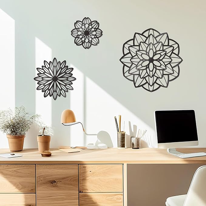 Zzbakress 3 Pcs Metal Flowers Wall Decor Black Wall Decor Metal Flower Art Farmhouse Wall Art Multiple Flowers Hanging Decor for Bathroom Living Room Kitchen Garden Office (Black Modern)