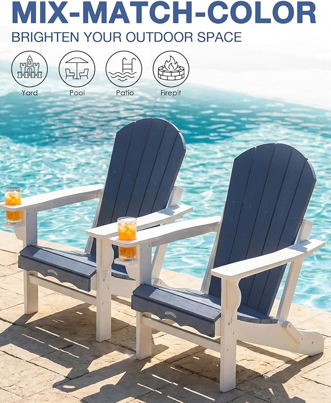 Folding Adirondack Chair –Recyclable HDPE Outdoor Adirondack Patio Chair with Cup Holder, Wood Texture & Umbrella Hole, 25-Year Fade-Free All Weather for Fire Pit, Porch, Poolside, Deck, Blue & White