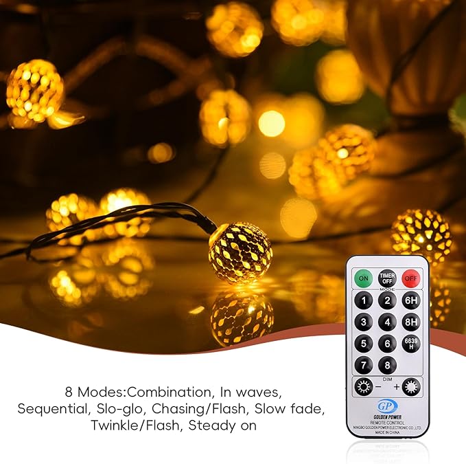 Moroccan String Lights Plug-in 60 LED 29ft Indoor Outdoor Waterproof 8 Modes Diwali Lights with Timer & Remote Control, Decorative Globe for Bedroom Christmas, Warm White