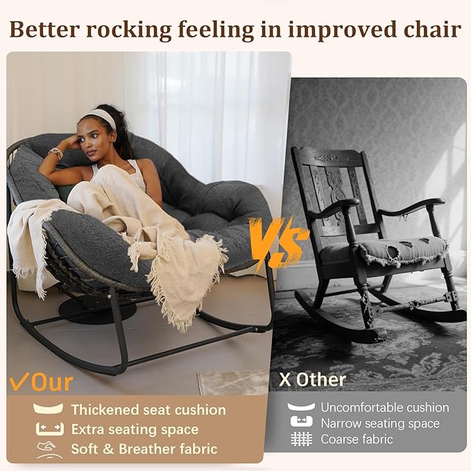 Oversized Rocking Chair Outdoor Set of 2, Rocking Papasan Chair, Patio Egg Chair with Padded Cushion, Outdoor Wicker Rocking Chair for Front Porch, Garden, Patio (Beige)