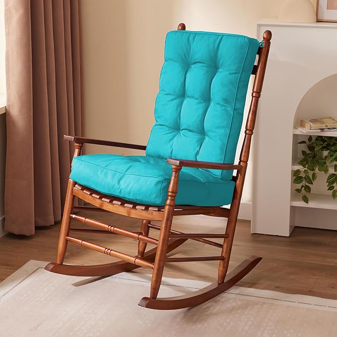 Rocking Chair Cushion, Waterproof and Fade-Resistant Patio Chair Cushions, Tufted Chair Pads for Rocker Furniture, 17x17 Inch, Indoor/Outdoor Seat Cushions with Ties, Teal Blue