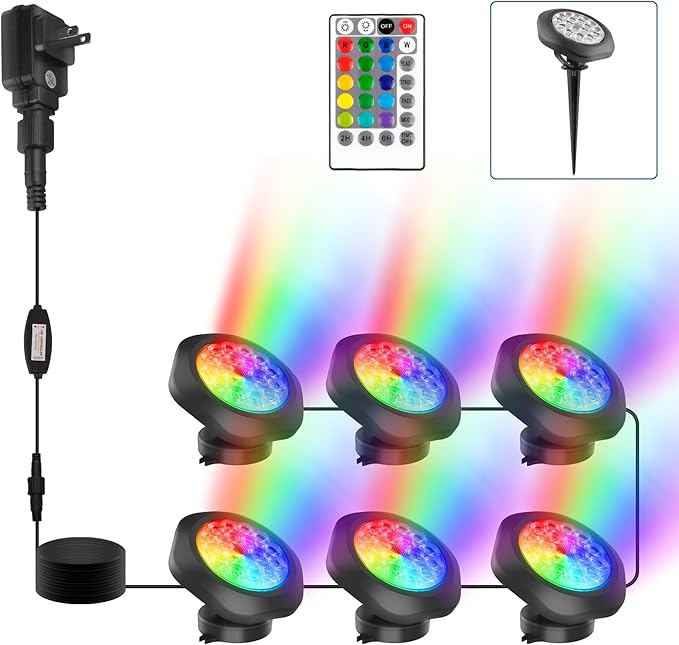 RGBW Pond Lights with Timer,18 LED Underwater Submersible Fountain Lights,Remote Control IP68 Waterproof Color Changing Landscape Spotlights for Fish Aquarium Tank Yard Garden Pool (Set of 6)