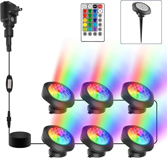 RGBW Pond Lights with Timer,18 LED Underwater Submersible Fountain Lights,Remote Control IP68 Waterproof Color Changing Landscape Spotlights for Fish Aquarium Tank Yard Garden Pool (Set of 6)