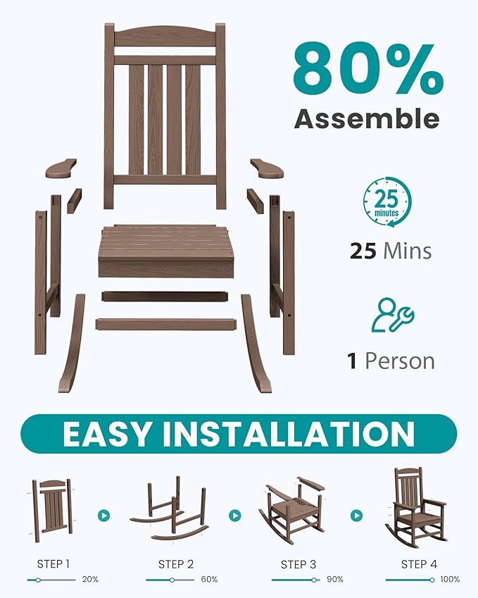 SERWALL HDPE Outdoor Rocking Chair Set of 2, Patio Rocking Chairs, All-Weather Porch Rockers for Adults, Brown