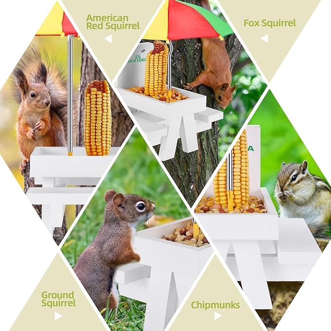 MIXXIDEA Squirrel Feeder Table with Umbrella, Wooden Squirrel Picnic Table Feeder, Sturdy Squirrel Feeder Corn Cob Holder, with Solid Structure and 2 x Thick Benches(Colorful)