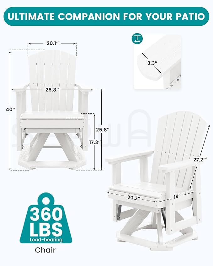 SERWALL Adirondack Swivel Glider Chair, HDPE Glider for Outdoor, All-Weather Glider Chair for Porch, Balcony, Light White