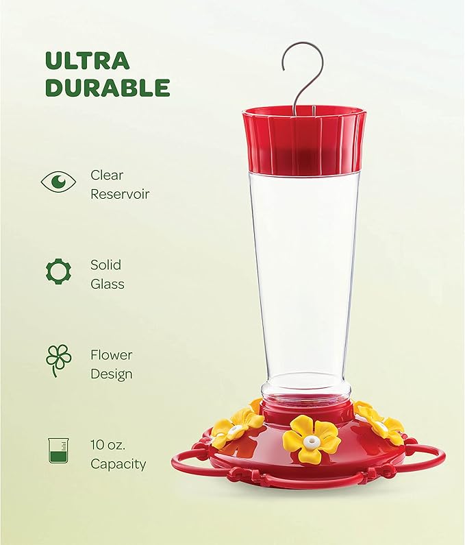 Hummingbird Feeder 10 oz [Set of 2] Plastic Hummingbird Feeders for Outdoors, with Built-in Ant Guard - Circular Perch with 5 Feeding Ports - Wide Mouth for Easy Filling/2 Part Base for Easy Cleaning