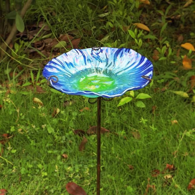 MUMTOP 26 Inch Height Glass Birdbath Birdfeeder with Metal Stake Garden Outdoor Blue