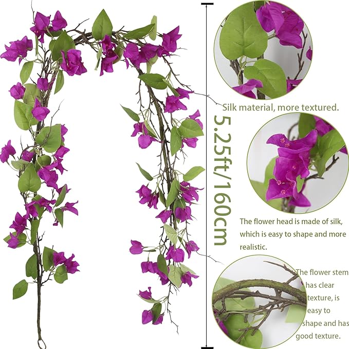 Artificial Bougainvillea Flowers Garland Purple Silk Bougainvillea Vines UV Resistant Realistic Faux Hanging Flowers Plants for Outdoor Outside Summer Decoration Porch Patio Balcony Yard Wall
