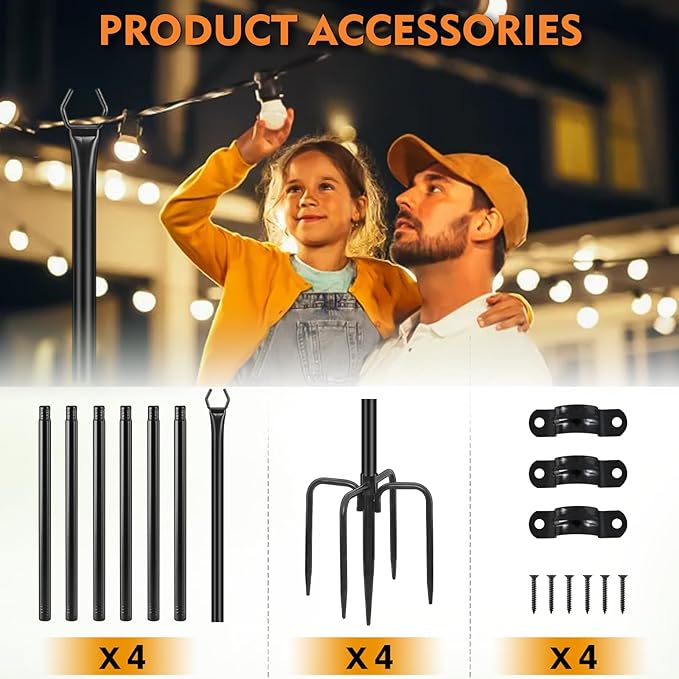 FEED GARDEN String Light Poles for Outside,9.8FT Metal Poles for Outdoor String Lights, Stand Poles for Deck, Garden, Patio, Wedding, Backyard, Christmas Party 4 Pack