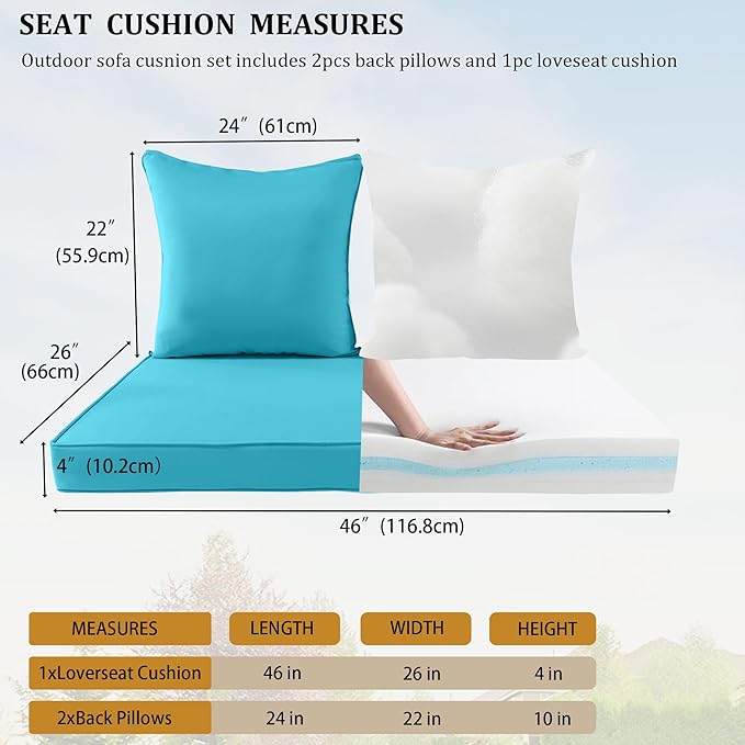 Outdoor Loveseat Cushion Set for Patio Couch/Sofa, 46 x 26 Inch Waterproof & Fade Resistant Patio Furniture Chiar Cushions with Removable Cover (Lake Blue, 46''Lx26''Wx4''H-Loveseat Cushion Set)