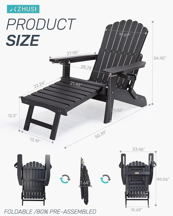 ZHUSI Folding Adirondack Chairs Set of 4 with Retractable Ottoman, Adjustable Adirondack Chair with 2 Cup Holders, Outdoor Chairs for Porch Patio Lawn Balcony Weather Resistant, Black