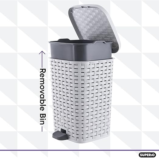 Superio Small Outdoor Trash Can with Lid for Dog Poop 3 Gallon/12 L Mini Plastic Garbage Can with Foot Pedal for Bathroom, Bedroom, Office, Patio, Wicker Smoke