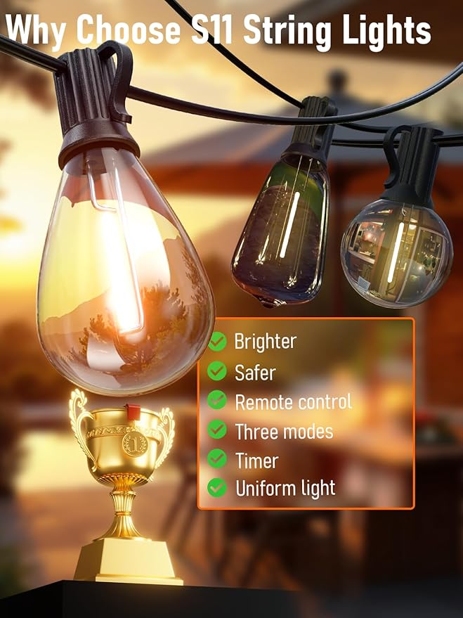 luckystyle 100FT LED Outdoor String Lights with Remote, 35+ 1 Shatterproof Bulbs Waterproof and Dimmable Patio Lights for Porch, Garden, Backyard, Deck, Balcony, 2200K Hanging Lighting