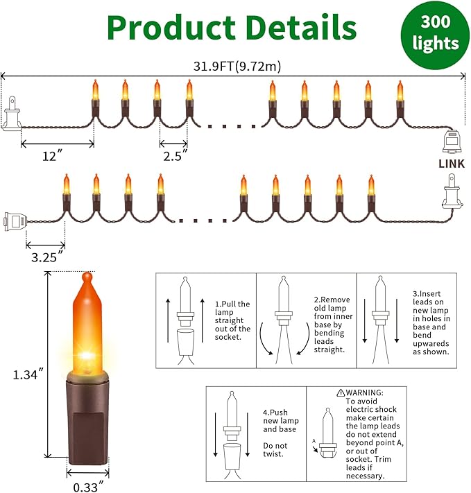LAMPHOME Orange Thanksgiving Mini Lights, 2Pack 63.8Ft 150Count Autumn Fall String Lights,Connectable 120V Plug in for Outdoor Indoor Garden Party Halloween Christmas Xmas Tree Lights Yellow Decor