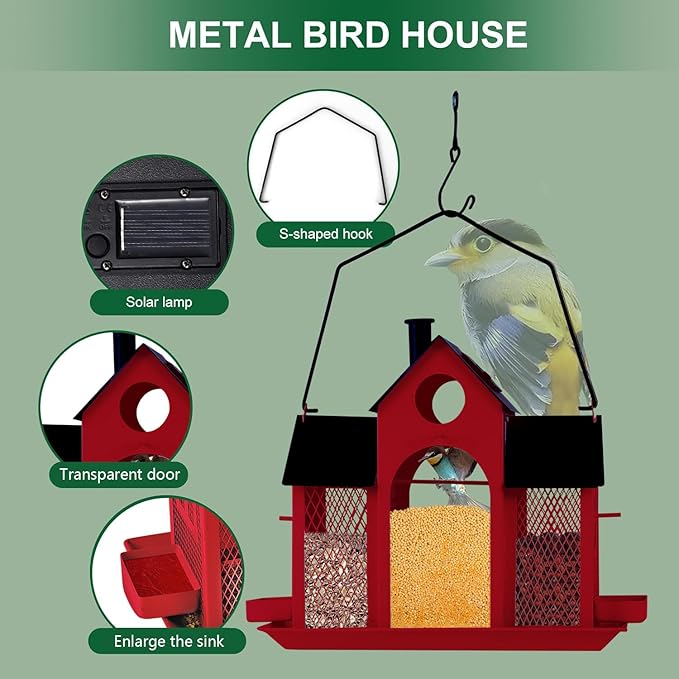 Solar Bird Feeder House for Outside Hanging, Large Capacity Birdhouse Bird Feeders Hanging for Outdoors, Metal Mesh Wild Birdfeeder for Finch Cardinal (Red and Black)