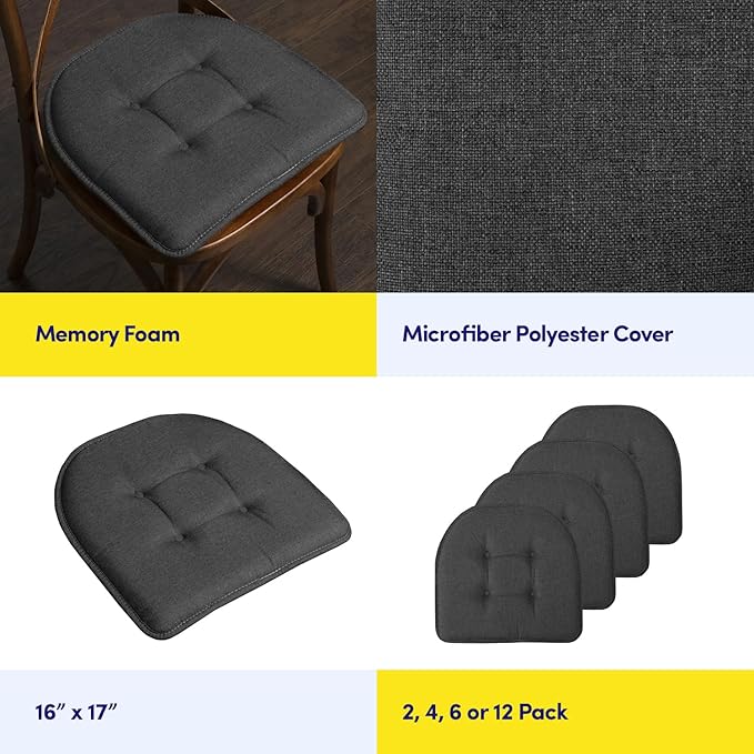 Sweet Home Collection Chair Cushion Memory Foam Pads Tufted Slip Non Skid Rubber Back U-Shaped 17" x 16" Seat Cover, 2 Count (Pack of 1), Charcoal