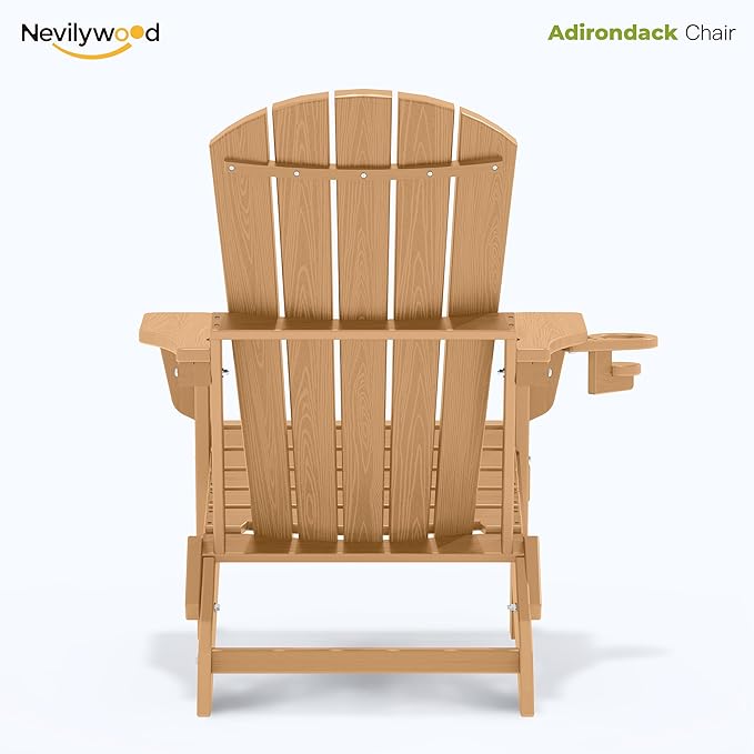 nevilywood Folding Adirondack Chair - Extended Ergonomic Backrest, Cup Holder - Easy Assembly - Durable HDPE Plastic, Weather Resistant & Maintenance-Free - Lawn, Patio, Deck Supports 380lbs Teak