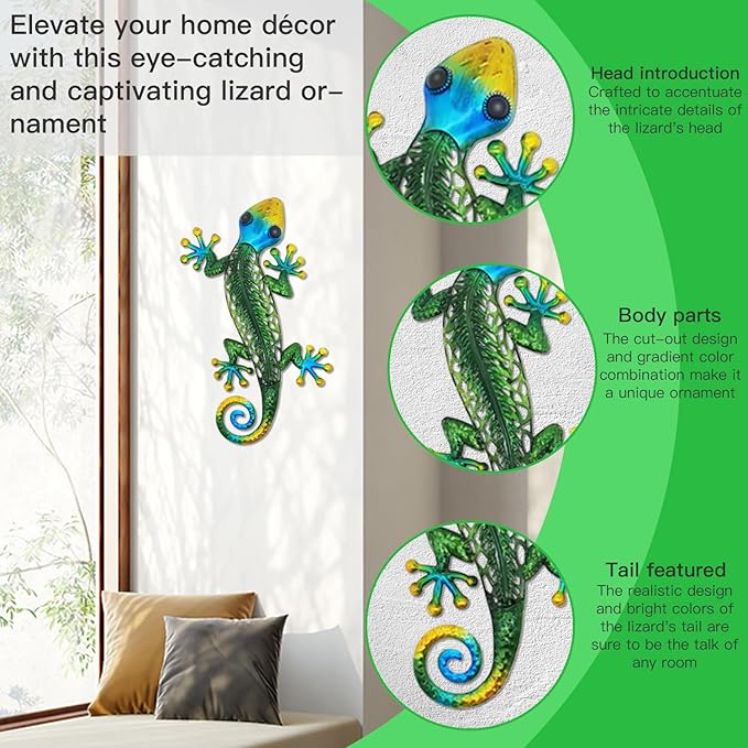 POXOHO Metal Gecko Wall Decor - Durable Outdoor Lizard Wall Art for Garden, Patio, Yard | Handcrafted Steel Lizard Sculpture with Rust-Resistant Coating | 3D Textured Reptile Decor (14 Inch)
