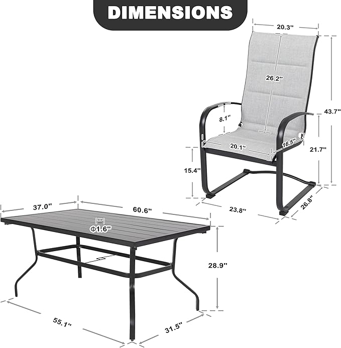 NUU GARDEN 7 Piece Outdoor Dining Set, 6 Textilene Dining Chairs and 61" Rectangular Dining Table with 1.57" Umbrella Hole, for Backyard, Patio, Garden, Gray and Black