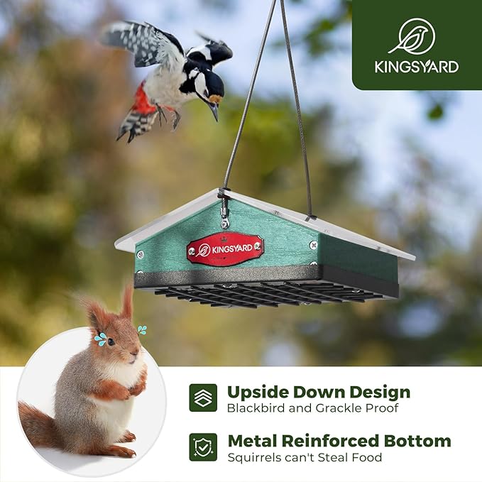 Kingsyard Upgraded Upside Down Suet Feeder for Outside Hanging - Recycled Plastic Wild Bird Feeder with Rainproof Roof for Attracting Woodpeckers Nuthatches Chickadees Finches. Green