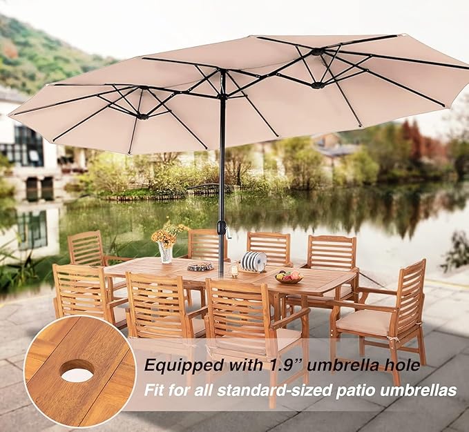 PHI VILLA Outdoor Acacia Wood Dining Table for 6-8, Large Extendable Rectangular Teak Table with Umbrella Hole, Farmhouse Outside Furniture for Patio, Deck, Porch, Yard