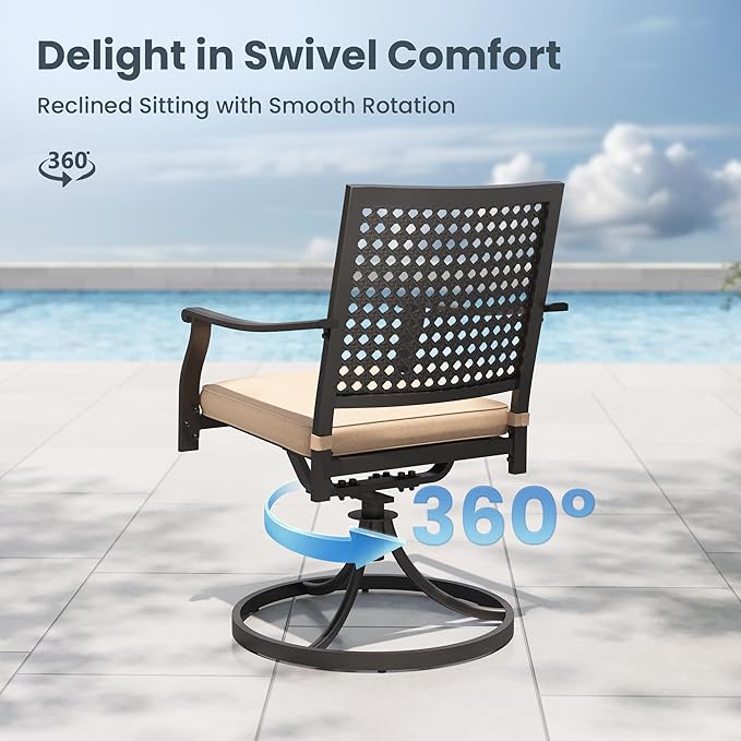 PHI VILLA 5 Pieces Outdoor Round Dining Set for 4, 42" Metal Wrought Iron Table with Umbrella Hole & Swivel Chairs with Cushions, Modern Patio Furniture Set for Deck, Yard, Porch