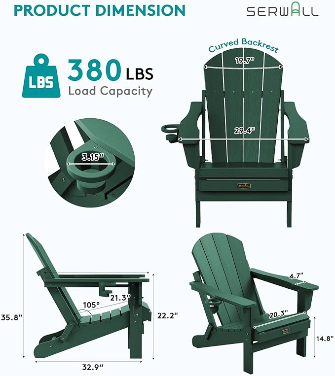 SERWALL Foldable Adirondack Chair Set of 2 for Patio Garden All Weather Adirondack Chairs with Cup Holder Outdoors Fire Pit Chairs-Green