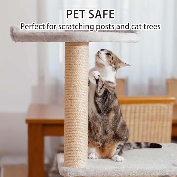 Natural Sisal Rope for Cat Scratcher, Durable Jute Twine for Cat Tree and Scratching Post Repair, Replacement Rope for Cat Tree, Cat Climbing Rope 4mm x 600ft