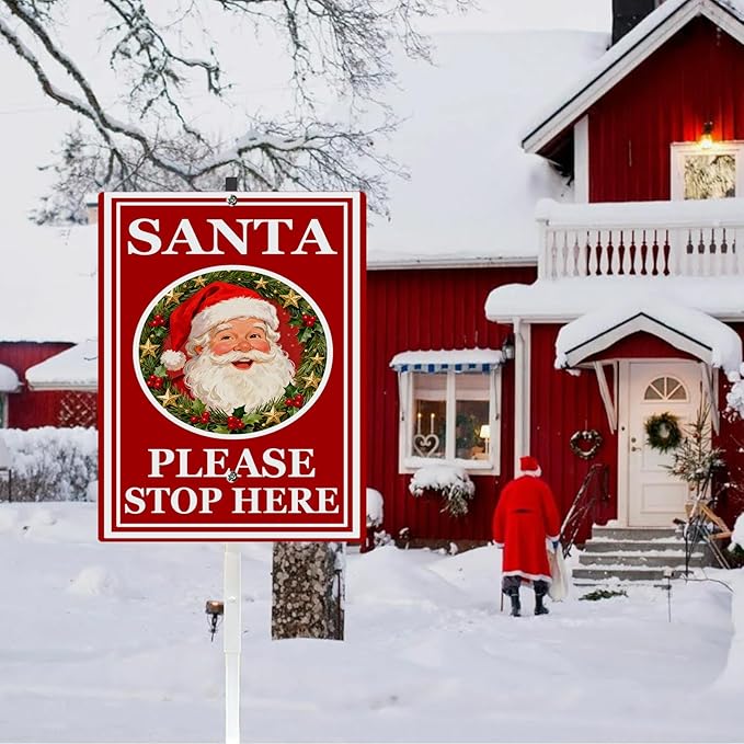 Santa Stop Here Yard Signs With Stake Rustproof Reflective Aluminum Christmas Decoractive Garden Stakes for Lawn Outdoor Decorations 8x12 In