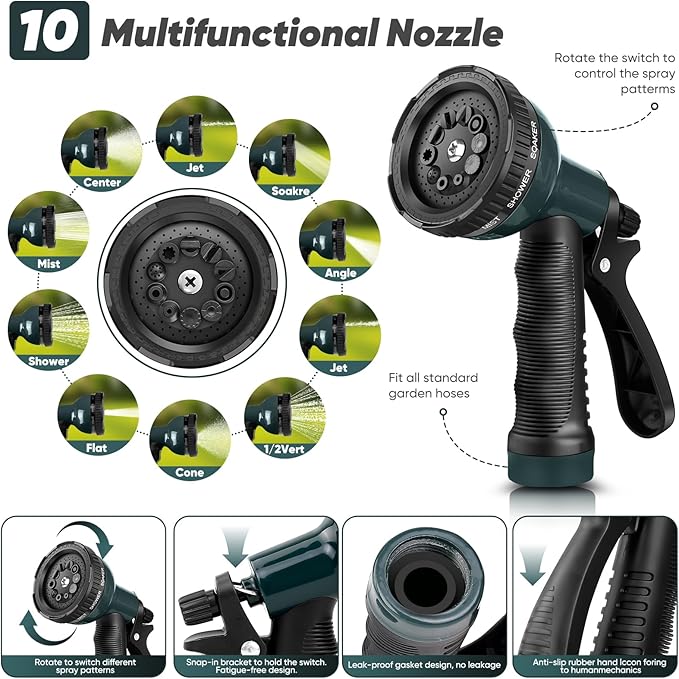 Garden Hose with 10-Function Nozzle, Leak-proof Metal Connector Hose, No Knots, Kink-Free Hoses, Lighter, Anti-Pets, Wear-Resistant, 3/4 GHT, Water Hose for Garden, Yard, Outdoor（50 FT）