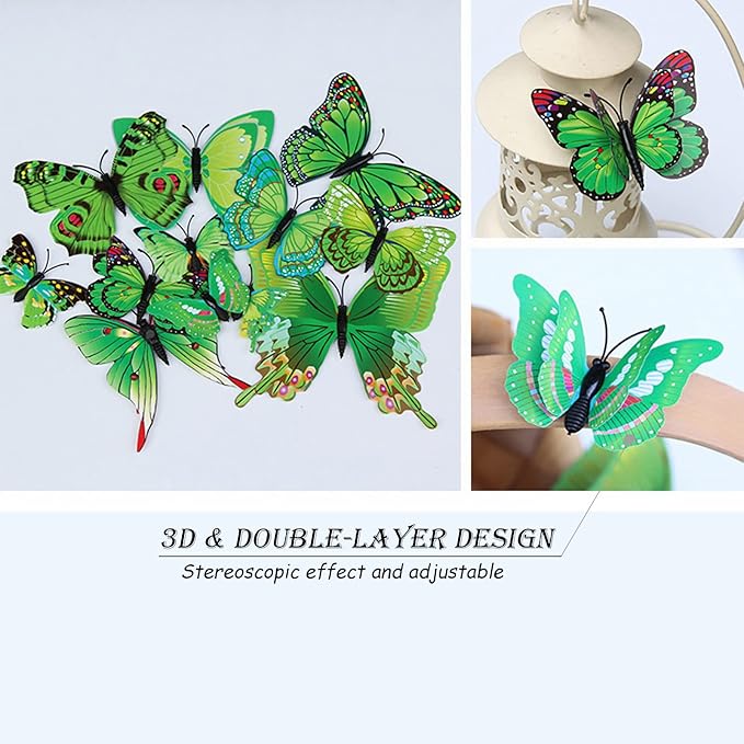 Butterfly Wall Decor 72 PCS, 3D Butterflies Stickers for Party Decorations with Magnets (Green, 72)