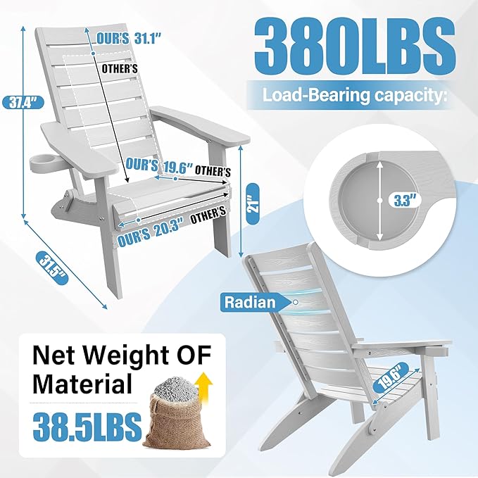 YEFU Folding Oversized Adirondack Chair: Plastic Fire Pit Chair Heavy Duty with Arc Backrest & Cup Holder - All Weather Patio HIPS Adirondack Chairs for Outdoor Lawn Garden Wood-Texture-White